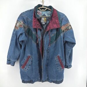 VINTAGE Current Seen Denim Bomber Jacket 1X Postcard Print Tapestry Mixed 90's